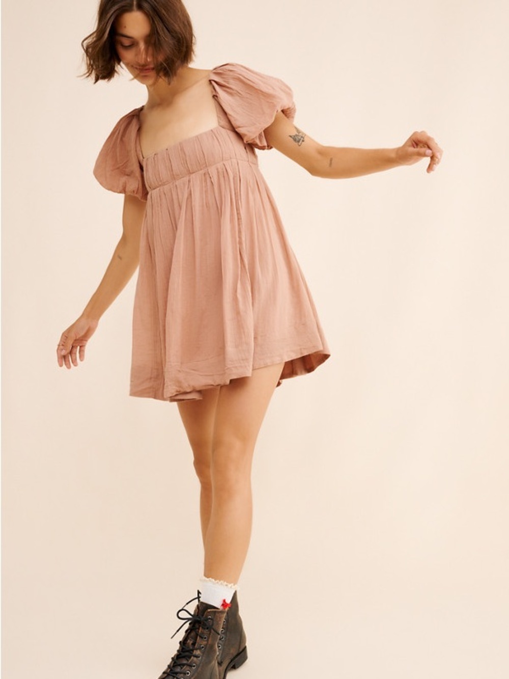 NWT Free People Marina Mini Dress Puff Sleeve in Cocoa Brown